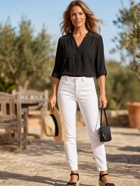 Calvin Klein Adjustable Sleeve V Neck Black Blouse